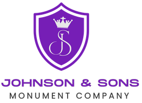 The logo for the Johnson & Sons Monument Company is a purple shield with a crown on it. The logo for the Johnson & Sons Monument Company is a purple shield with a crown on it.