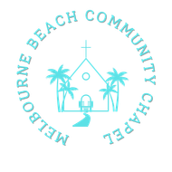 The logo for the melbourne beach community chapel shows a church with palm trees around it.