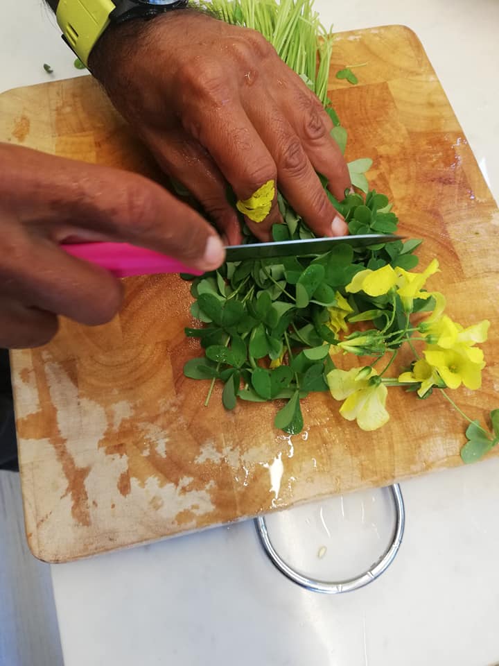אדם חותך ירקות על קרש חיתוך