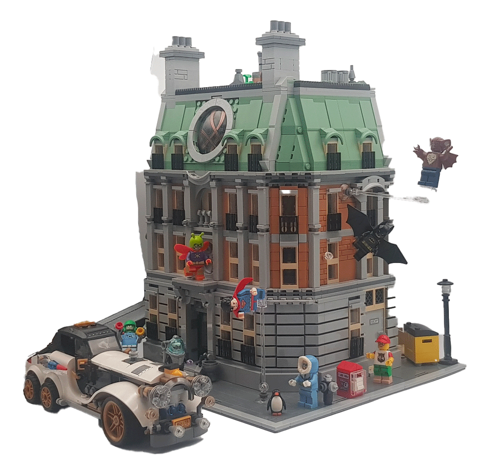 Maquette Lego du Sanctum Sanctorum, avec des minifigurines et un véhicule.