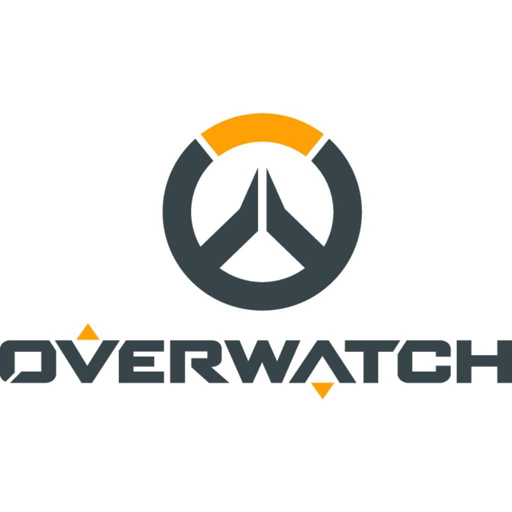 Logo d'Overwatch : Cercle gris foncé avec une partie supérieure orange et une forme de « W » stylisée, texte « Overwatch » en dessous.