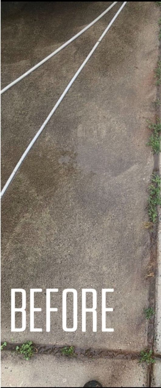 A before and after photo of a concrete driveway with grass growing out of it.