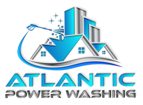 The logo for Atlantic Power Washing shows a house being washed with a hose.
