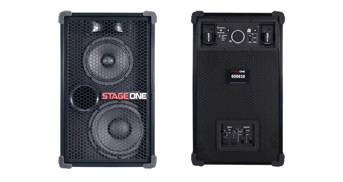 Black Stage One speaker, front view showing two woofers and a tweeter, and rear view with control panel.