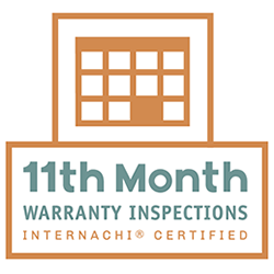 Logo for 11th month warranty inspections. Features a calendar in orange & text in teal and white.