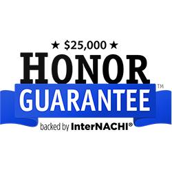 $25,000 Honor Guarantee badge. Black text on blue banner: HONOR GUARANTEE, backed by InterNACHI.