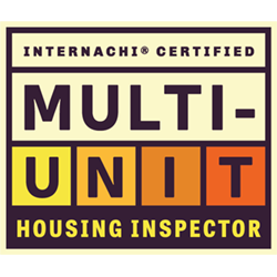 Logo for an InterNACHI-certified multi-unit housing inspector, using a gold, orange and purple color scheme.