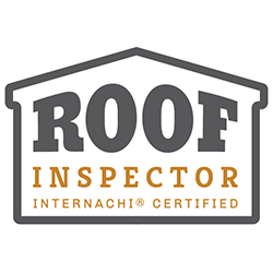 Roof Inspector certification logo with text in gray and gold.