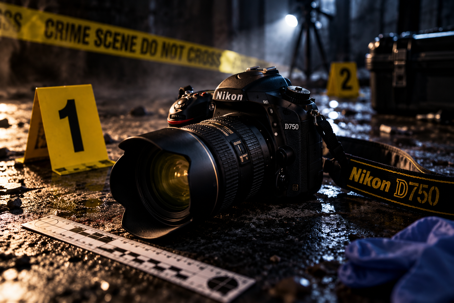 AI-generated Nikon D750 camera at a crime scene with forensic evidence markers and police tape.
