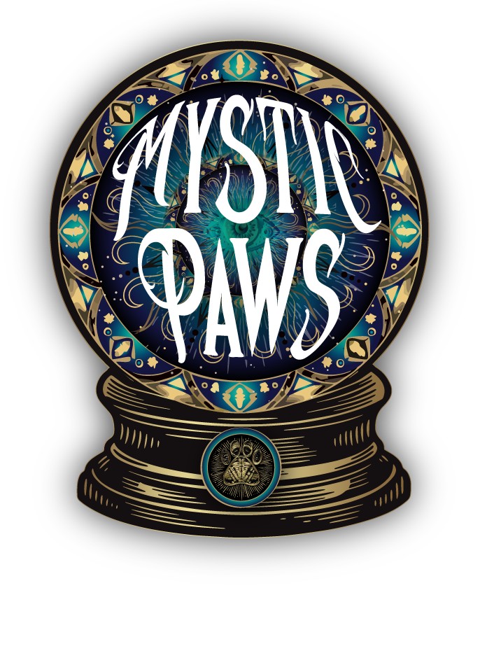 Crystal ball logo reading “Mystic Paws” with blue and gold ornate design