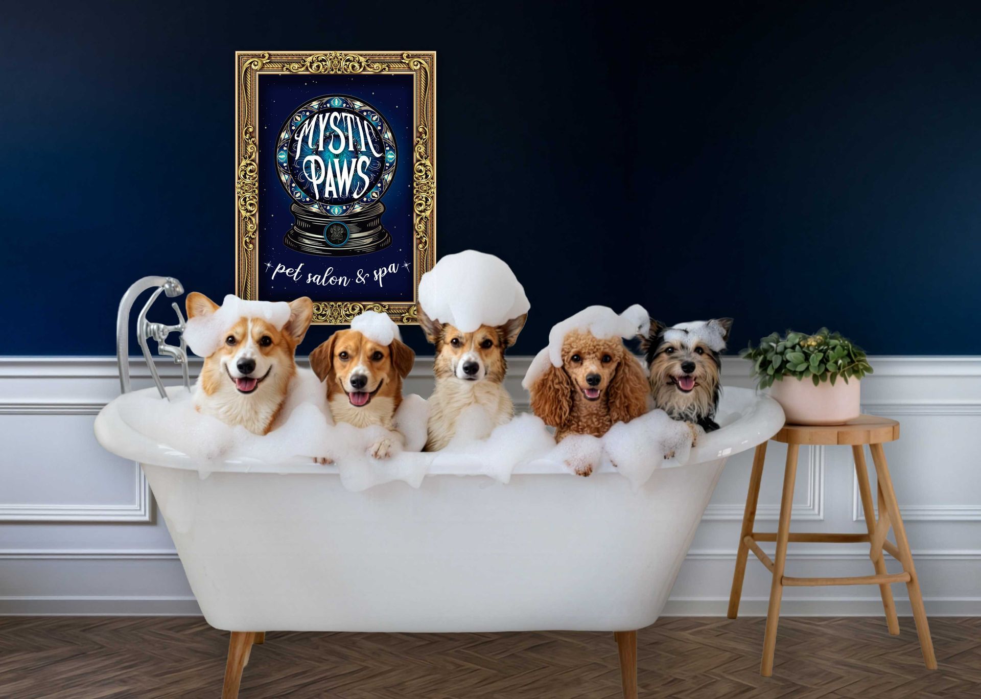 Four small dogs in a white clawfoot tub against a blue wall, with flowers and a framed sign above