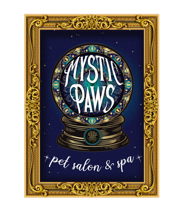 Ornate gold frame with a dark blue poster reading “Mystic Paws” and “Pet salon & spa.”