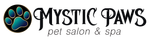 Mystic Paws pet salon & spa logo with a blue paw print and black text on a white background