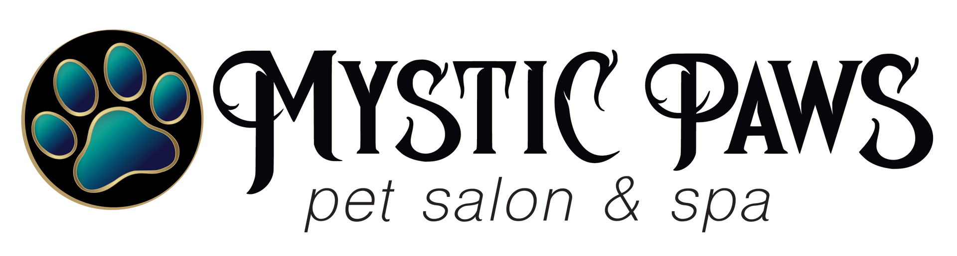 Mystic Paws pet salon & spa logo with paw print icon on white background