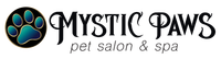 Mystic Paws pet salon & spa logo with a blue paw print and black text on a white background