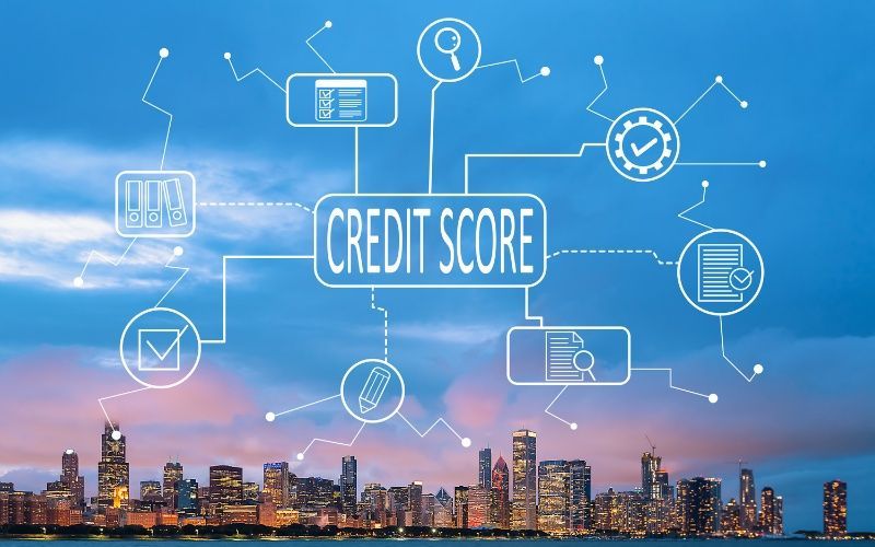 A city skyline with a credit score on it, emphasizing the idea of will debt would ruin my credit.