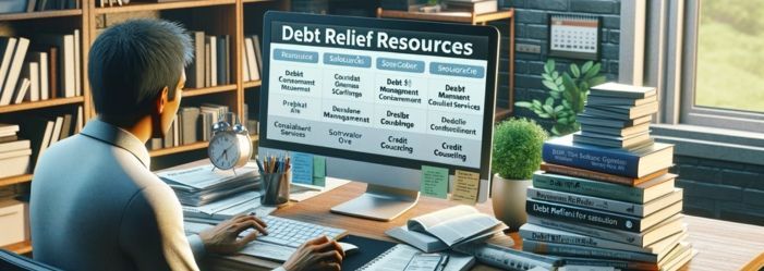 An image showing a person in a home office, researching debt relief options on a computer. The screen displays various resources like websites and counseling services, surrounded by brochures and financial books.