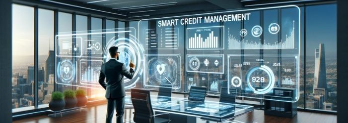 A futuristic office scene showcasing smart credit management with holographic displays of financial data, set against a cityscape background symbolizing economic growth.