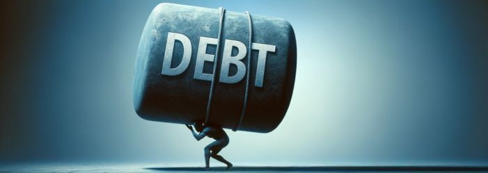 An image of a person carrying a large object labeled 'Debt', symbolizes the heavy burden of financial obligations. 