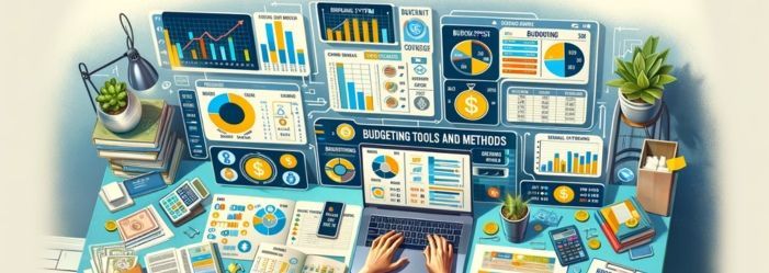 An image of a person surrounded by budgeting tools including a laptop with budgeting software, graphs, a calculator, and a notebook. He is actively planning their budget, highlighting various methods like the envelope system and zero-based budgeting in a home office setting.