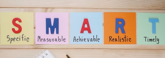 Text graphic emphasizing the process of formulating effective and measurable objectives using the SMART criteria, which stands for Specific, Measurable, Achievable, Relevant, and Time-bound.
