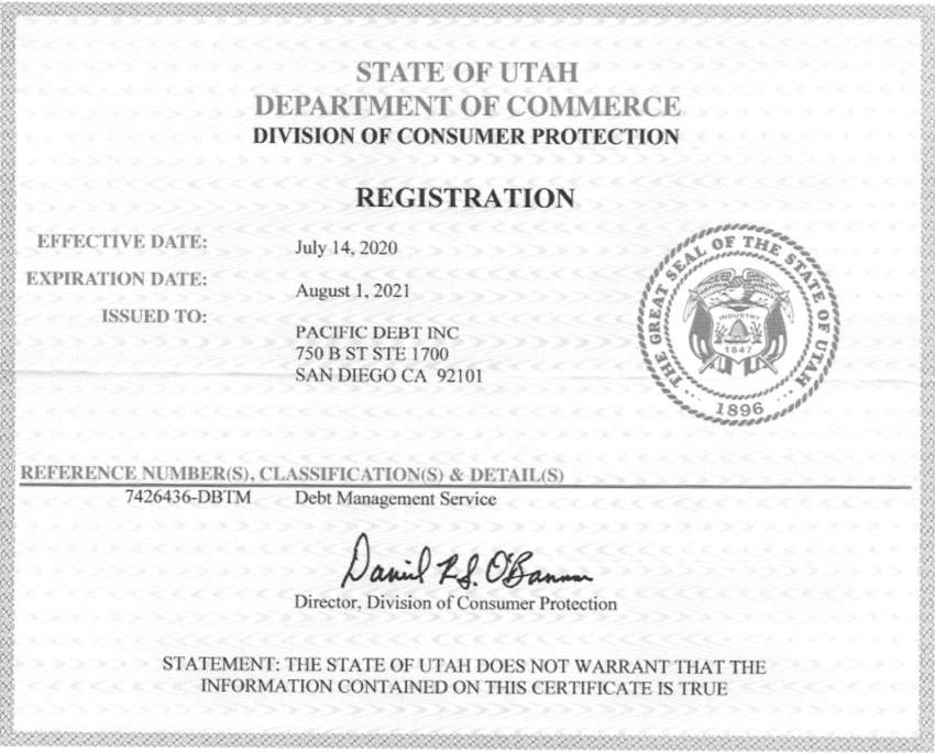 State of Utah Division of Consumer Protection Registration for Pacific Debt Relief