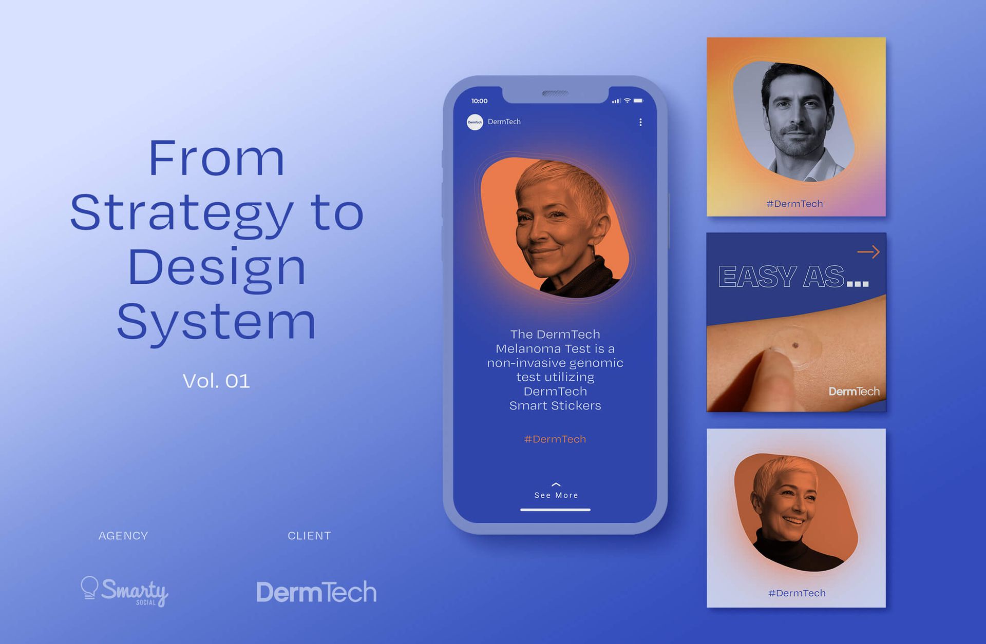 A mobile phone screen shows a design with a woman's portrait, next to three additional portraits.