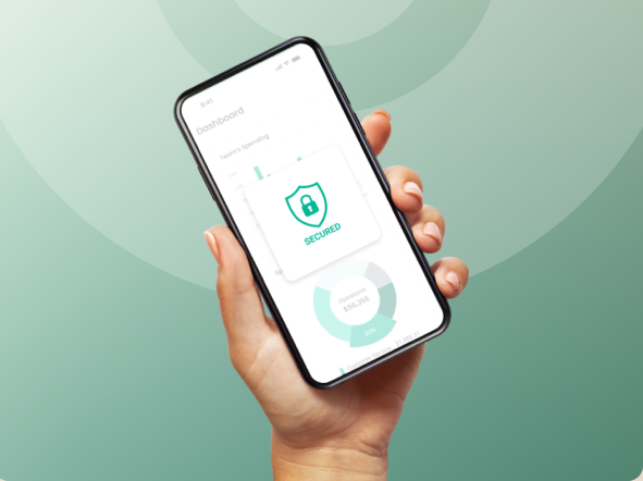 Hand holding a smartphone displaying a security app with a lock icon, green and white interface.