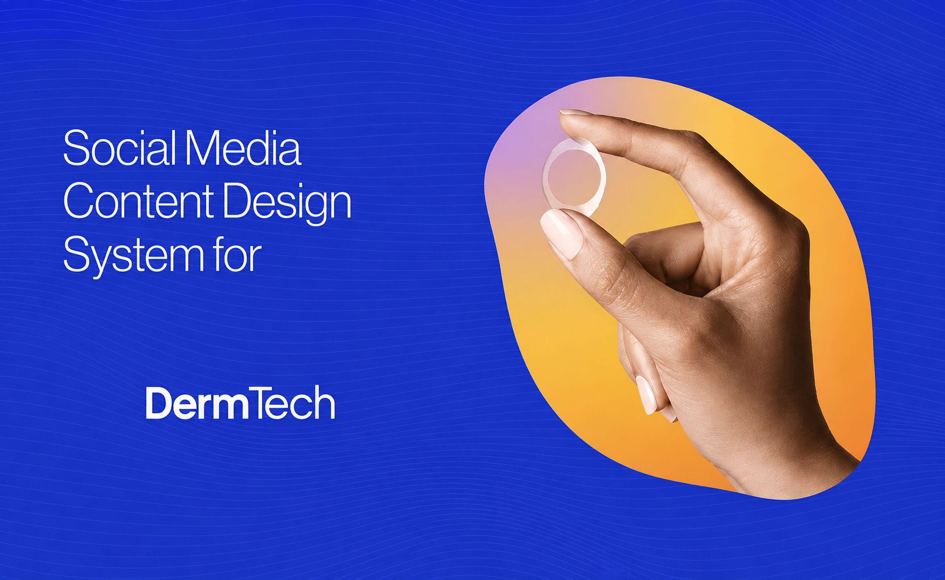 Hand holding a circular object against a blue and yellow background, with text