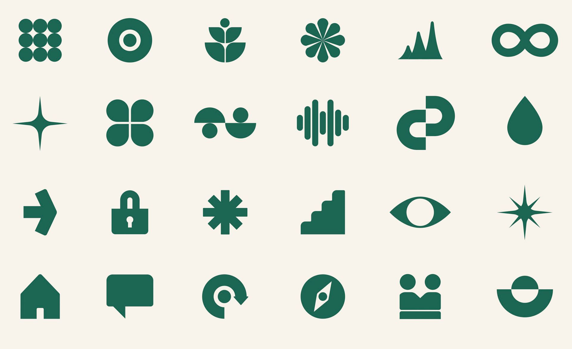 Collection of dark green icons against a cream background; various abstract shapes.