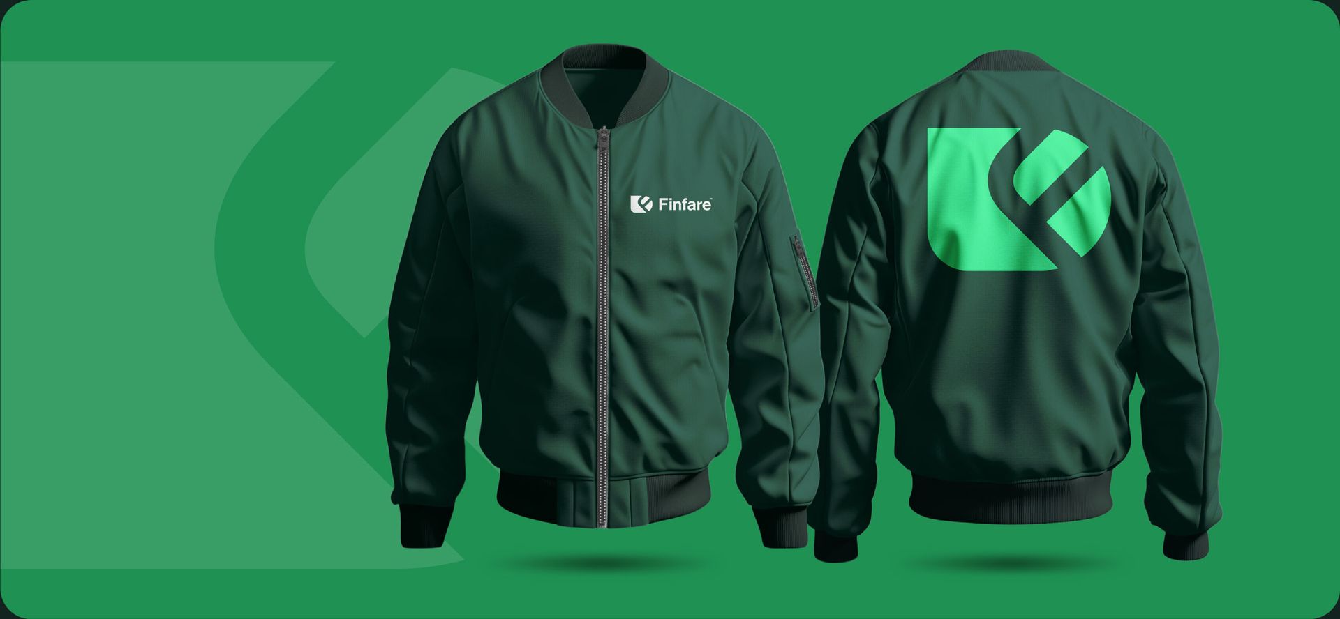 Two dark green bomber jackets with white and green logos displayed on a green background.