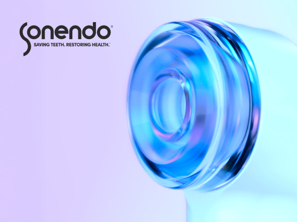 Sonendo logo beside a close-up of a blue and clear medical device with the words 