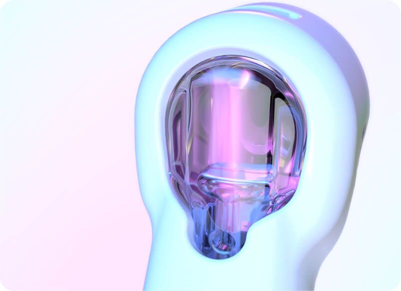 Close-up of a white electric toothbrush head with a transparent chamber, showing internal components and pink light.