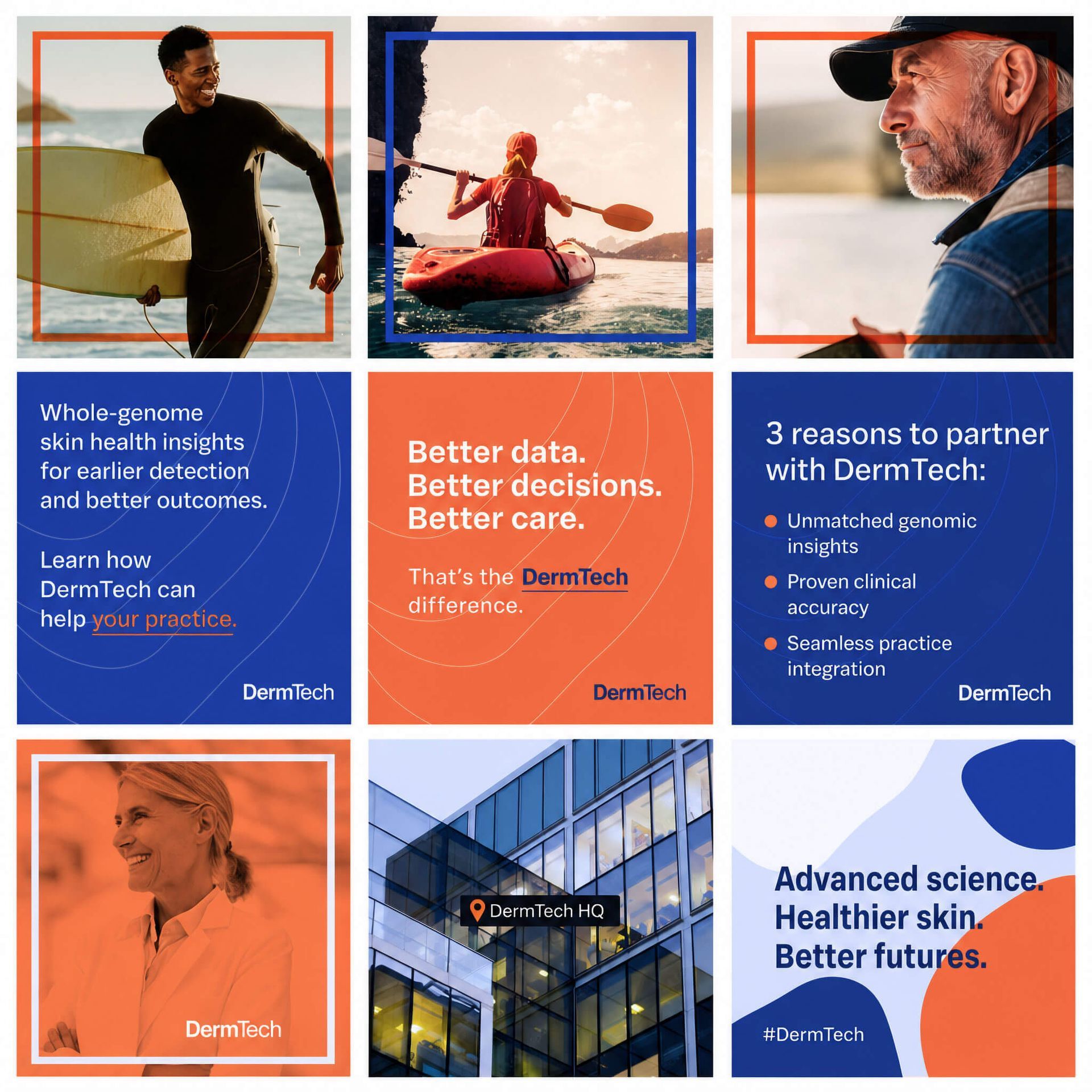 DermTech ad featuring images about skin cancer and tests, with orange and blue accents.