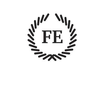 Black laurel wreath logo with the letters “FE” in the center.