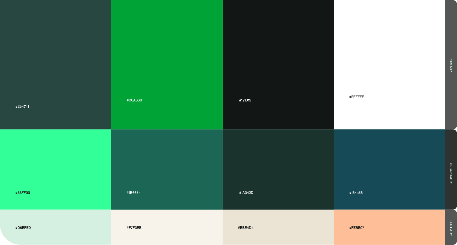 Color palette featuring shades of green, black, white, and beige.