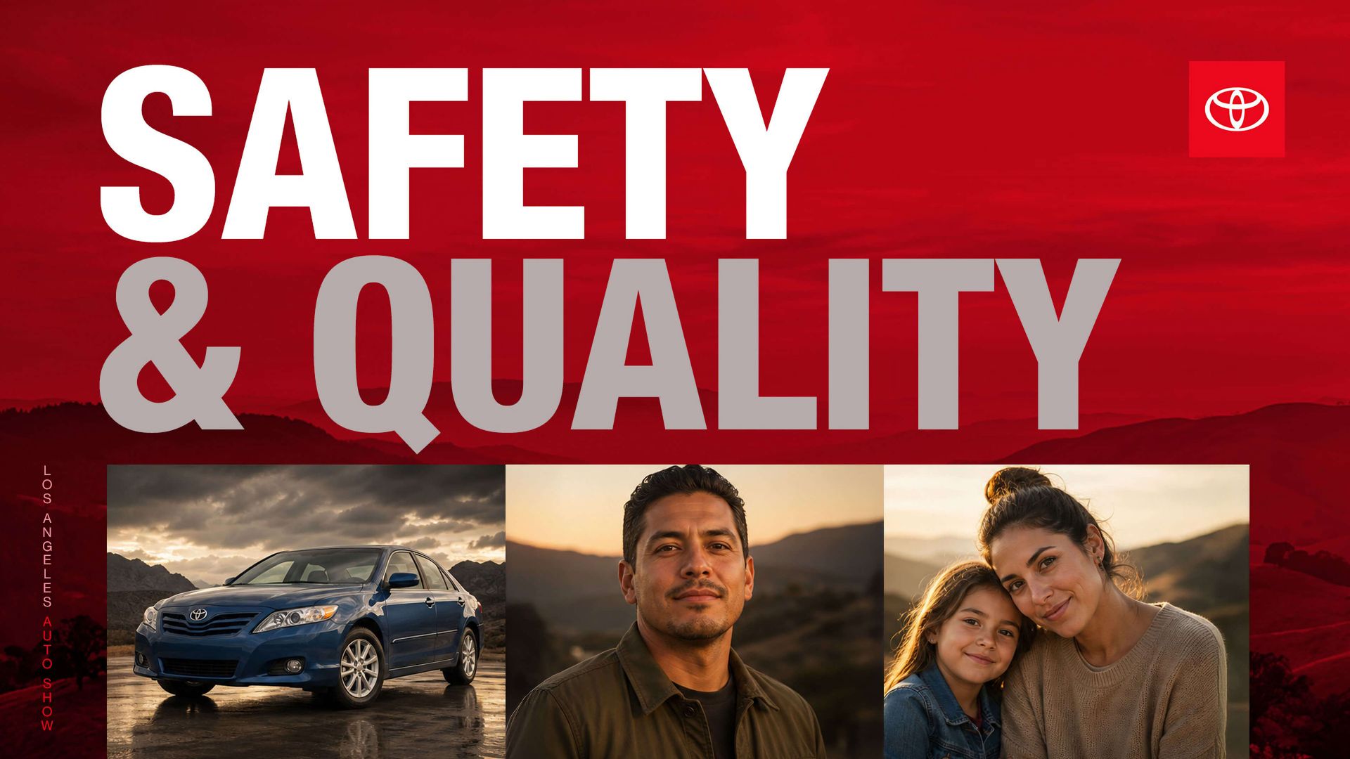 Toyota “Safety & Quality” banner with a car and two people under a red background