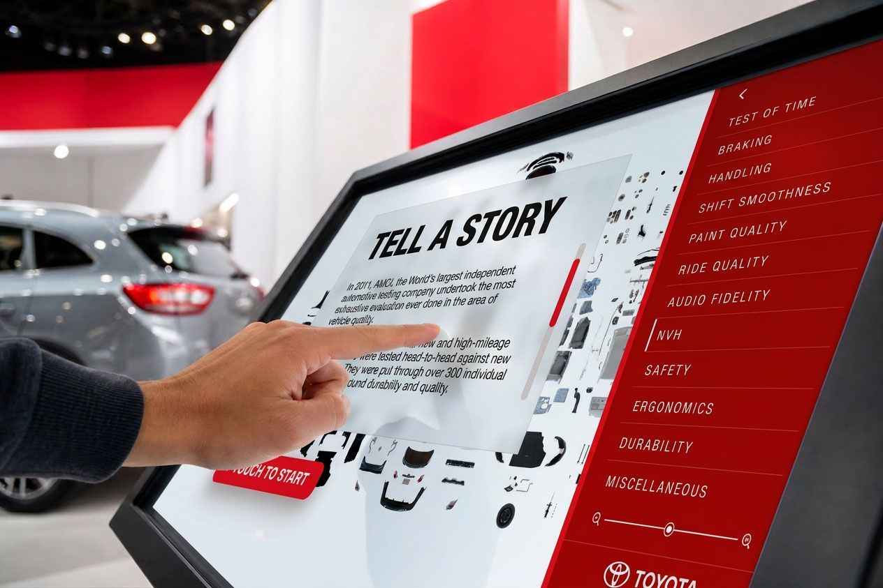 Hand pointing at a Toyota showroom touchscreen display with red side panel and car in background
