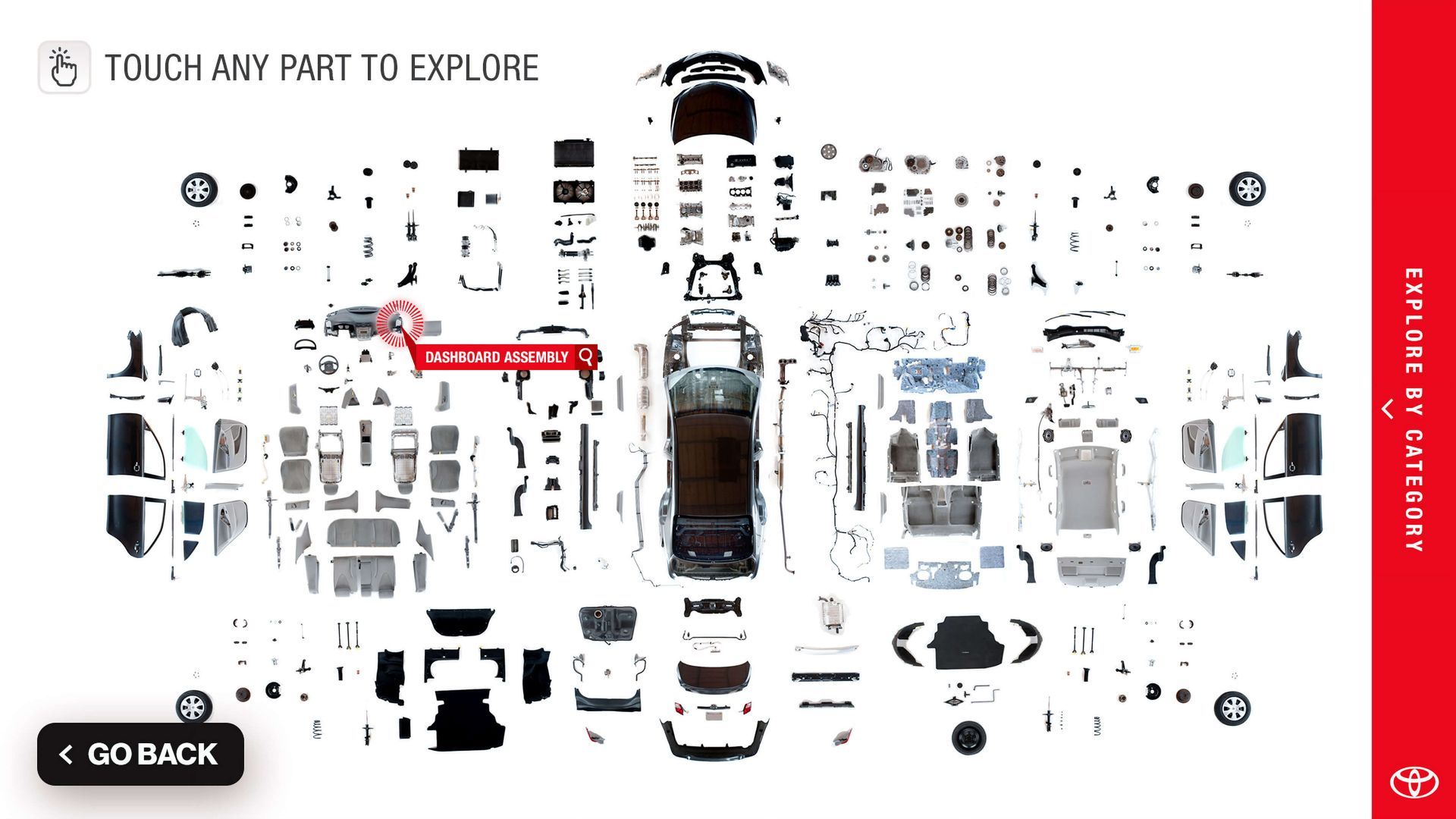 Abstract white infographic with many parts around a central dark bottle and a red highlight label