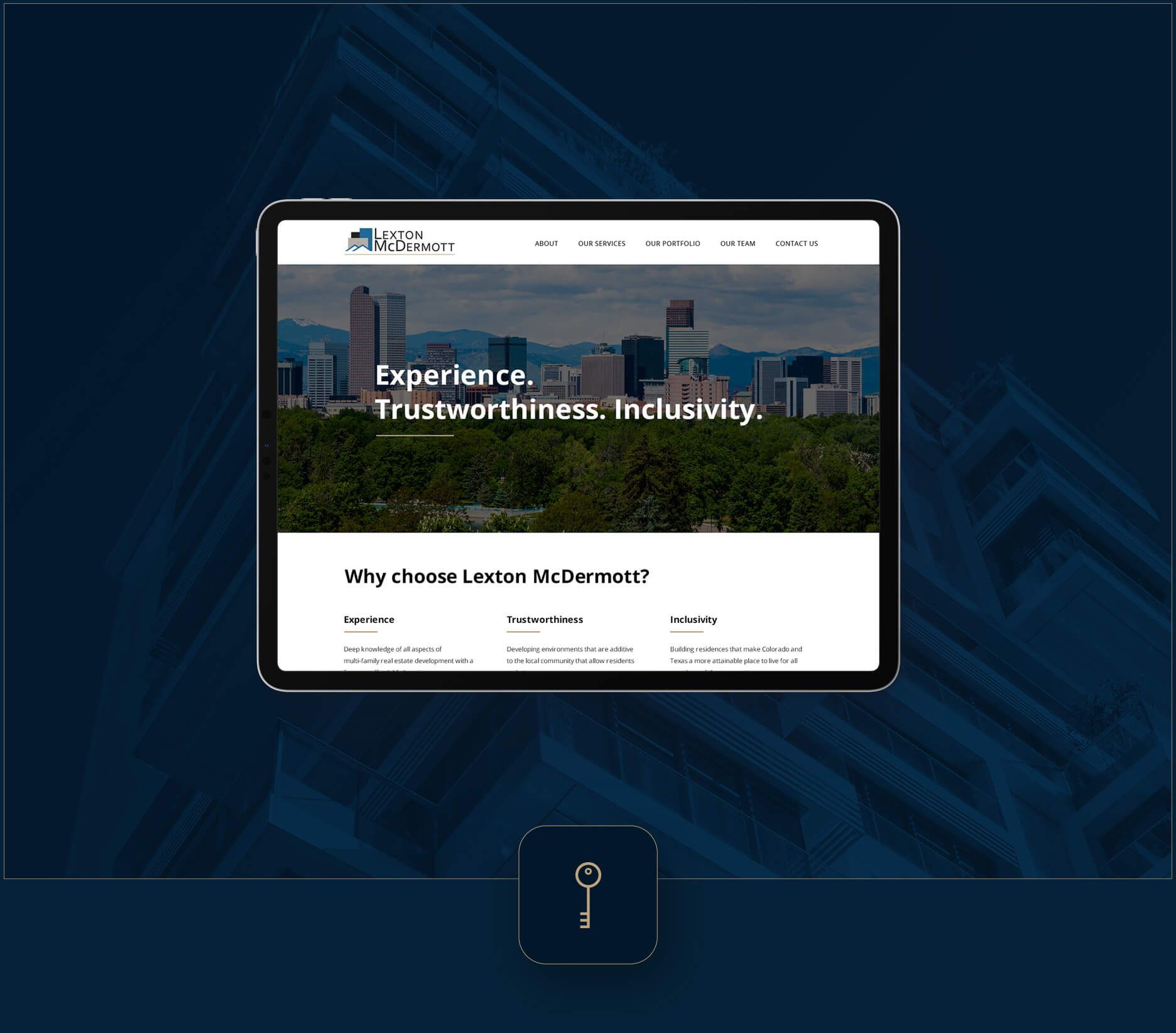 Website homepage mockup on a laptop over a dark blue tech background with a key icon below.