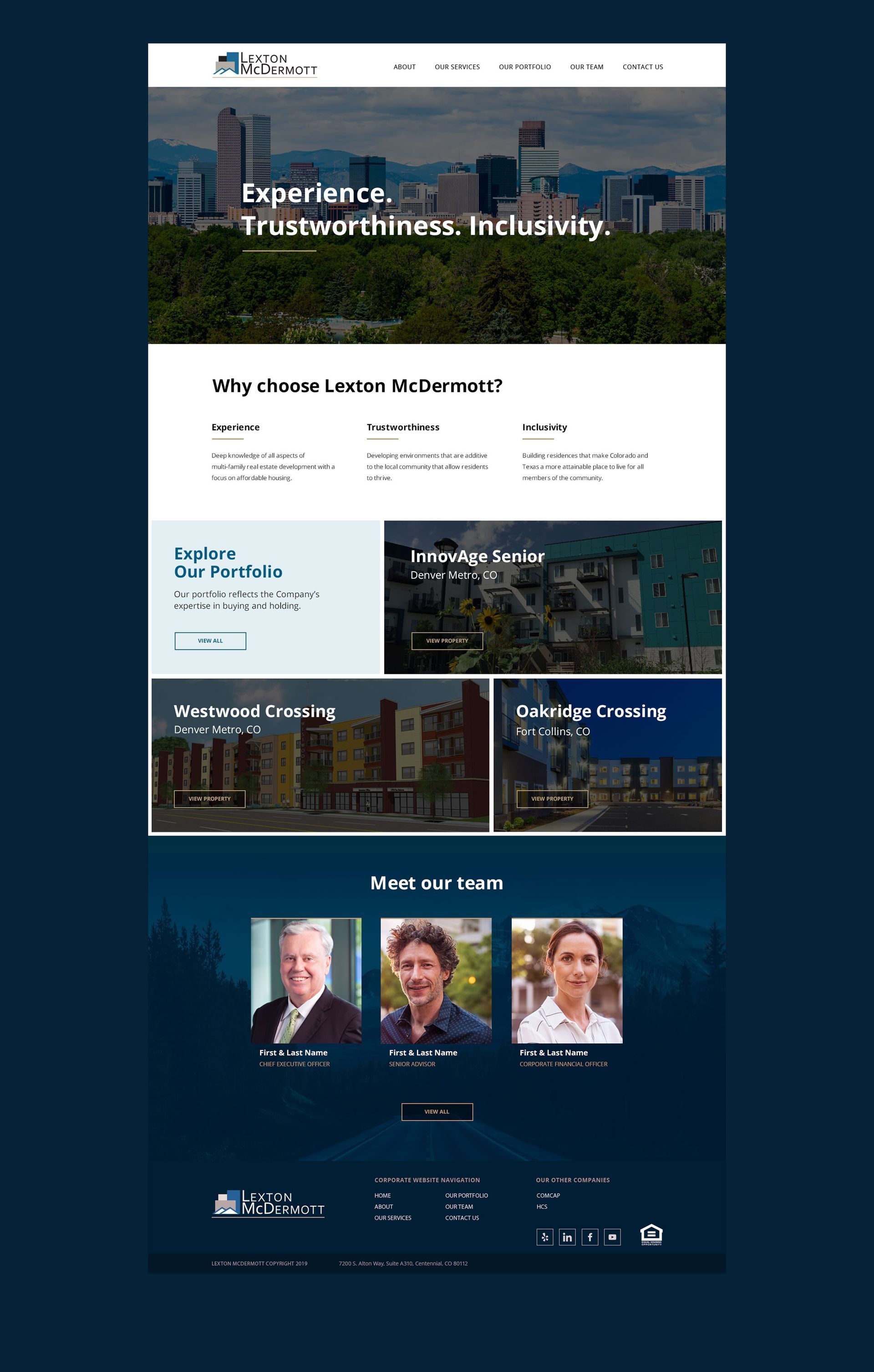 Website homepage with a hero banner, service tiles, and team headshots on a blue-white layout