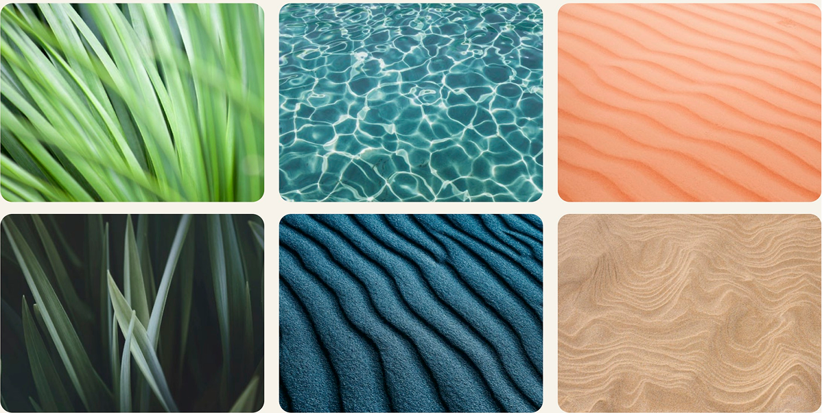 Six textured squares: grass, water, sand, grass, dark blue sand, and light brown sand.