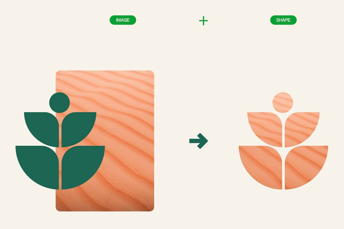 Collection of dark green icons against a cream background; various abstract shapes.