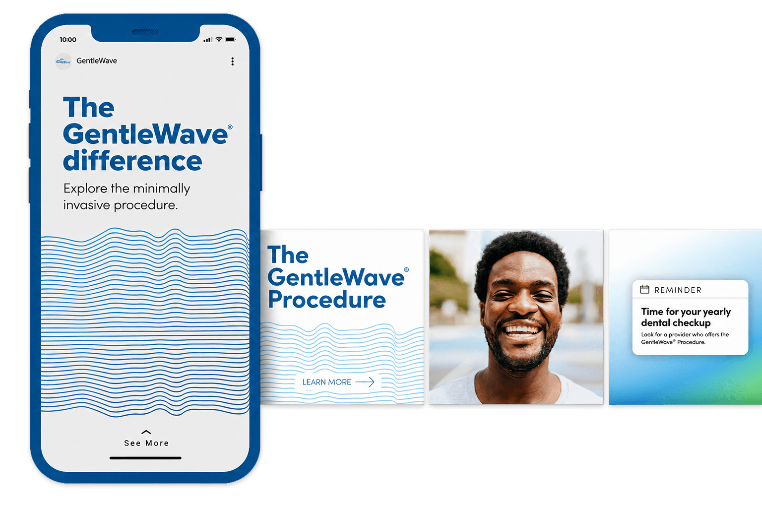 Smartphone with GentleWave information, smiling man, and a text bubble.