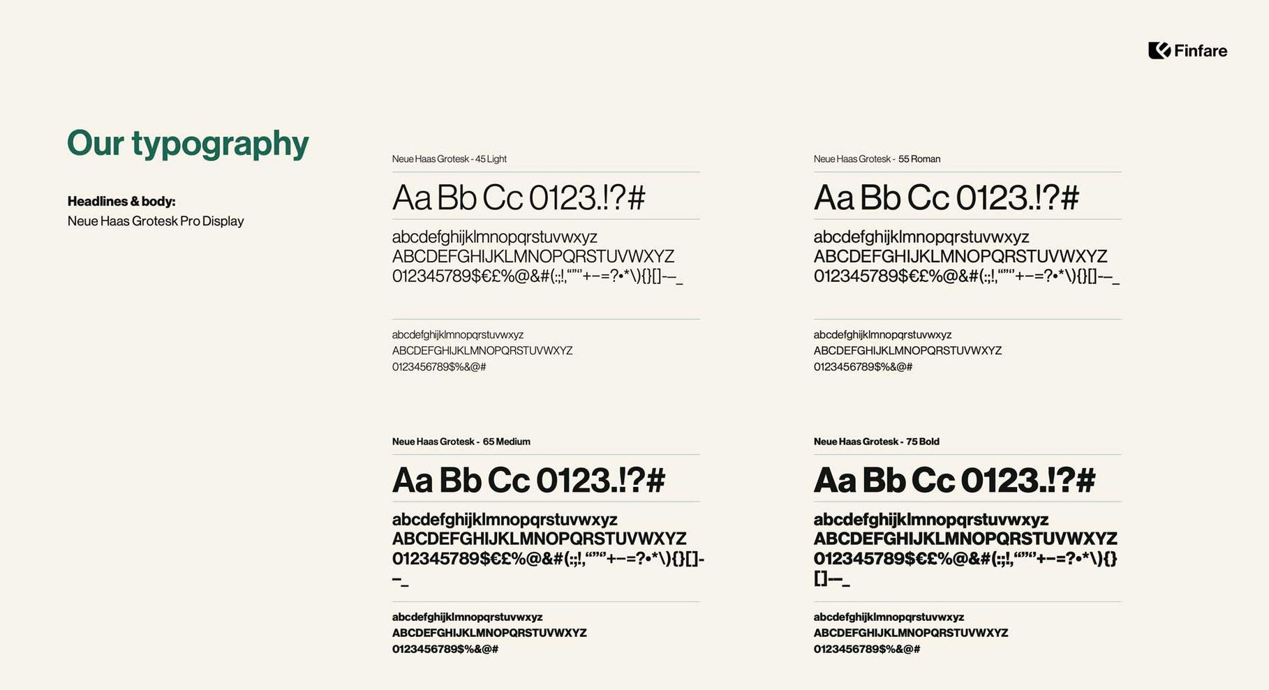 Typography guide with six font samples and size variations on a light beige background
