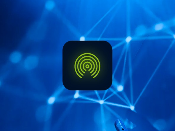 Dark square with glowing green concentric circles, on a blue network background.