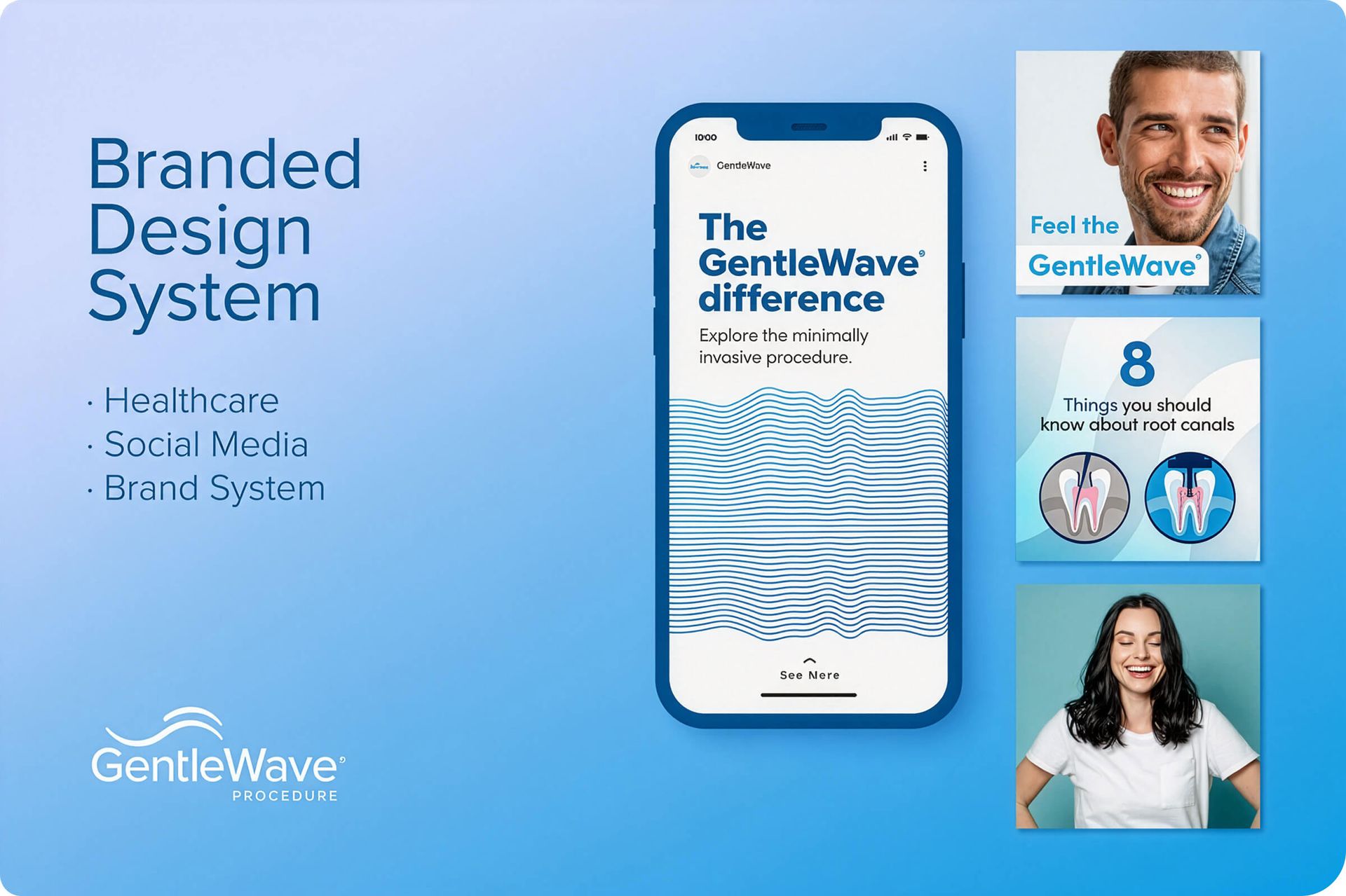 Branded design system example. Phone display, graphics, and ads on a blue gradient background. 