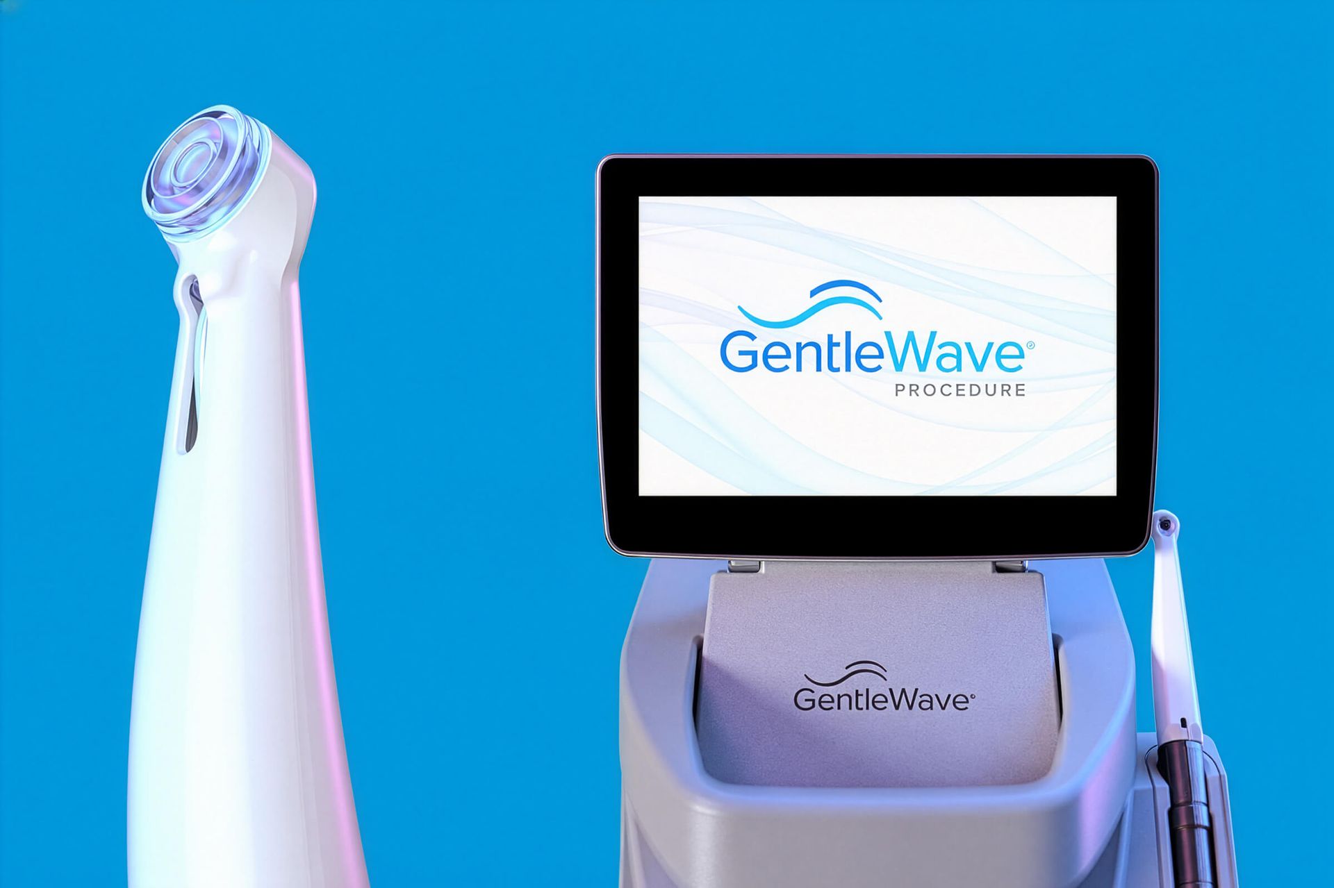 GentleWave endodontic system with touch screen interface and handpiece, against a blue background.