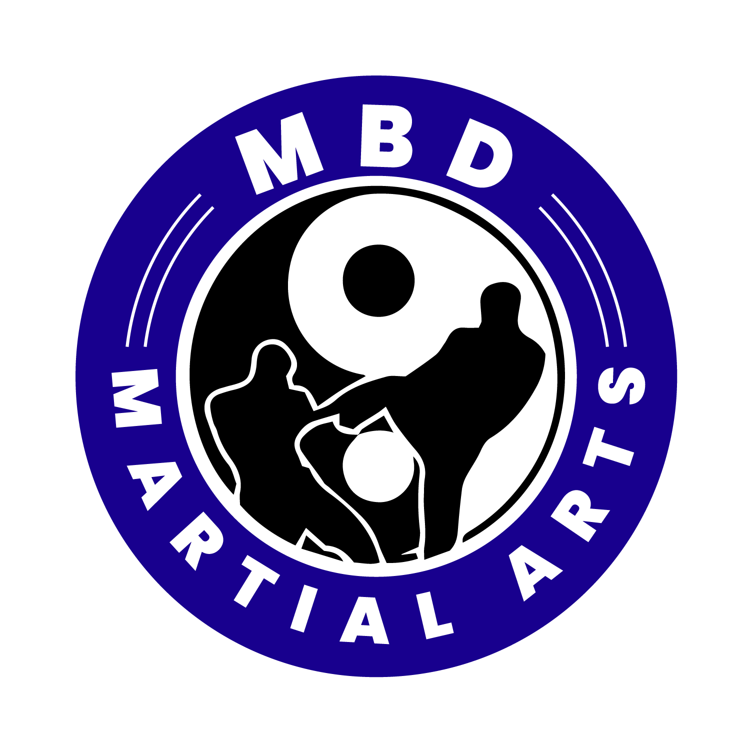 MBD Martial Arts logo with blue ring and black-and-white martial arts silhouette