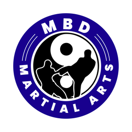 MBD Martial Arts logo with blue ring and black-and-white martial arts silhouette